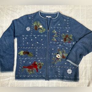 Croft & Barrow 🐦🪾 Wintertime Birds Embroidered novelty Cardigan sweater Med M